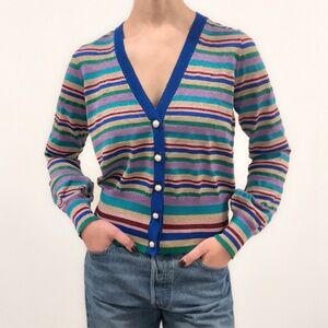 Striped V-Neck Cardigan with Pearl Buttons